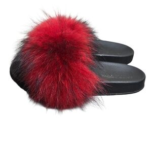 Fashion Nova Furry Red Faux Fur Slippers Black Soles US Size 7  EU 38Comfort